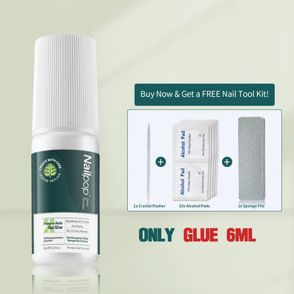 Nail glue bottle with a free nail tool kit offer on a light green background