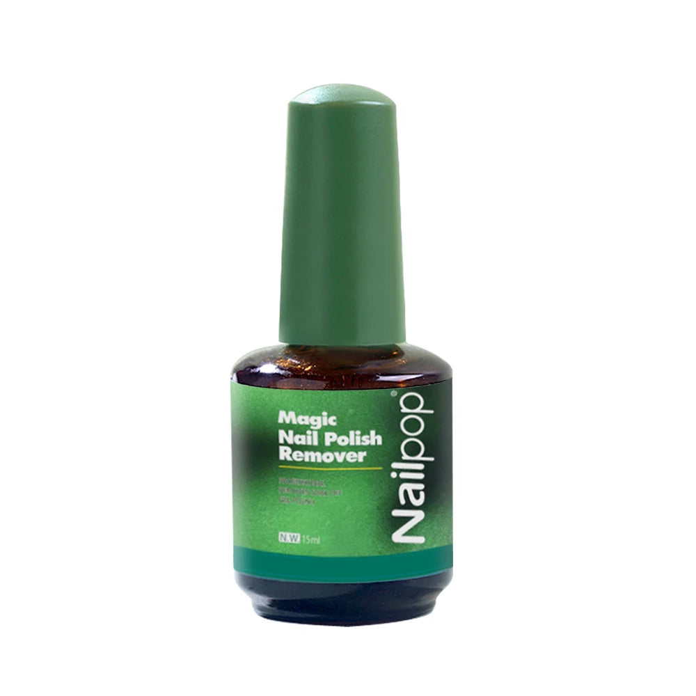 Nail polish remover bottle with green cap and label on a white background