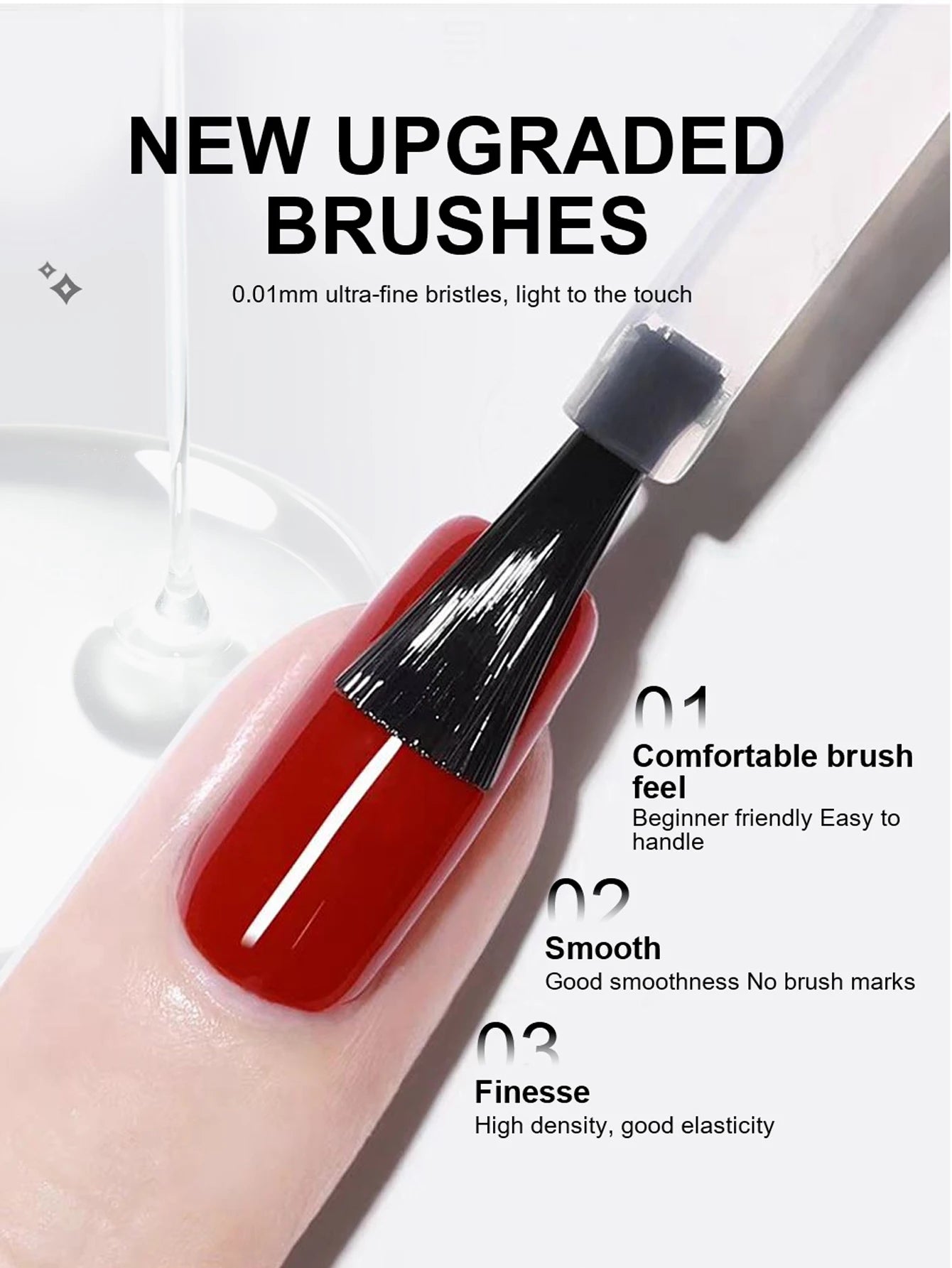 Red nail polish brush with text highlighting features on a white background