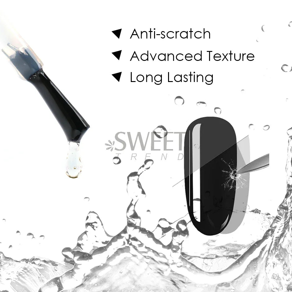 Nail polish bottle with droplet, black nail file, and 'Sweet Trend' branding on a white background.