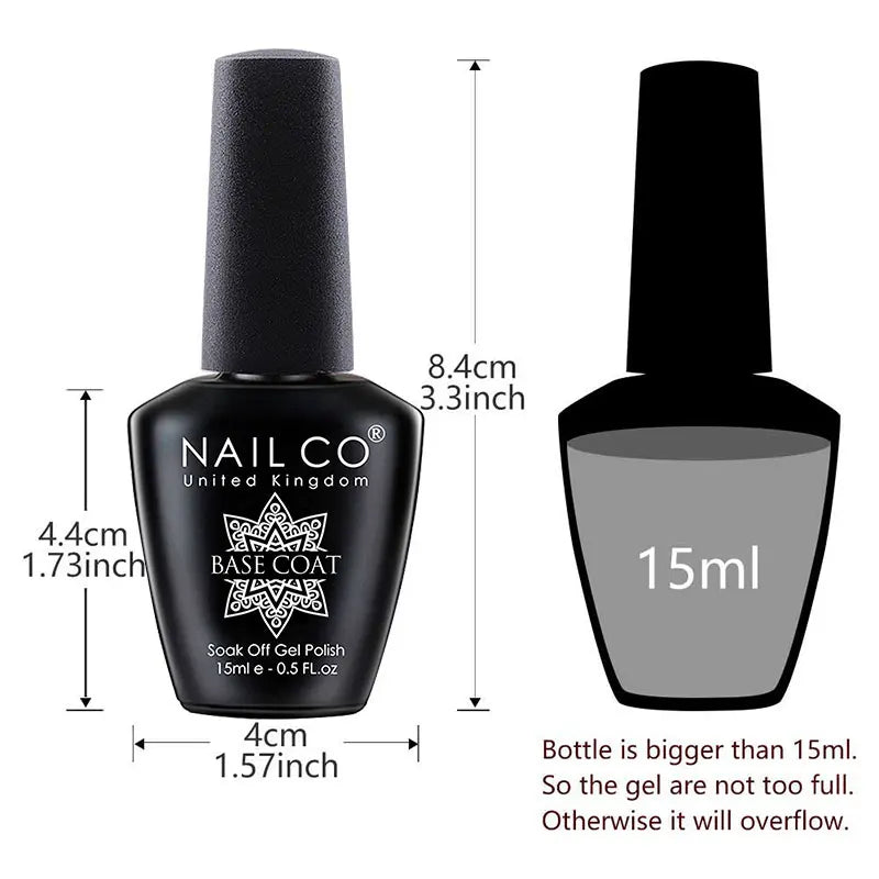 Nail polish bottle with measurements and details on a white background