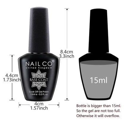 Nail polish bottle with measurements and details on a white background