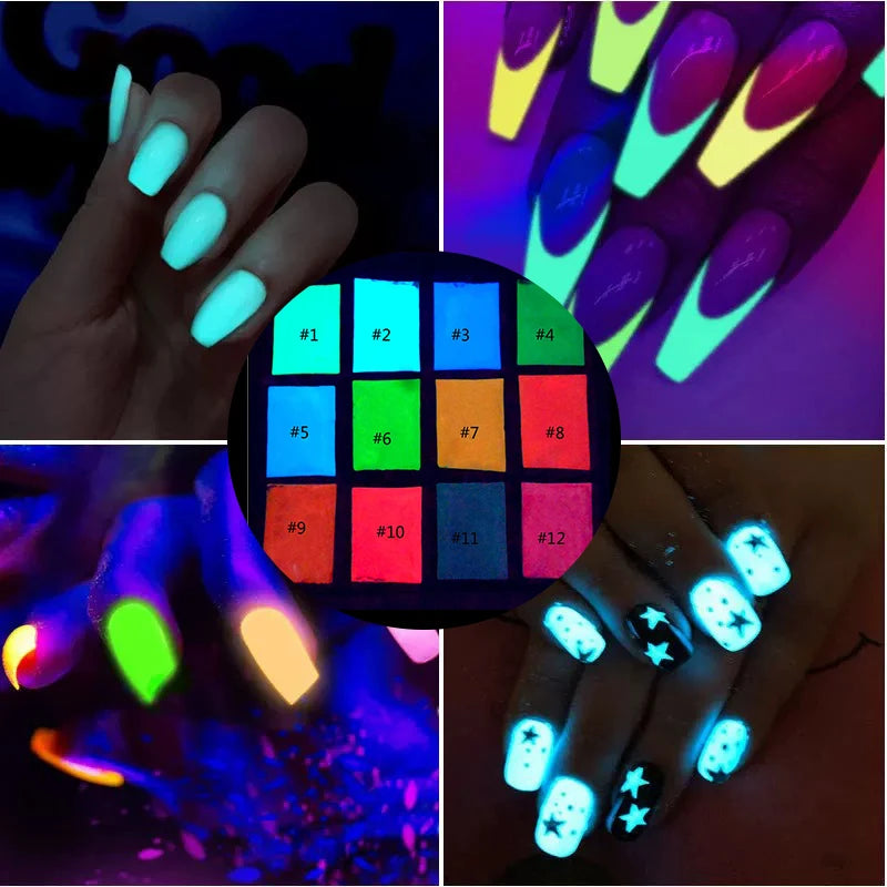 50g Neon Glow in the Dark Nail Glitter Powder Set 12 Colors