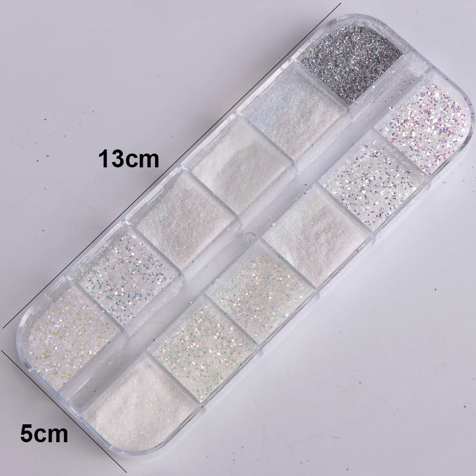 12 Grid White Sugar Iridescent Nail Glitter Flakes Set
