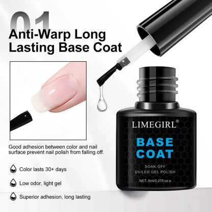 Limegirl base coat bottle with applicator and text on a white background