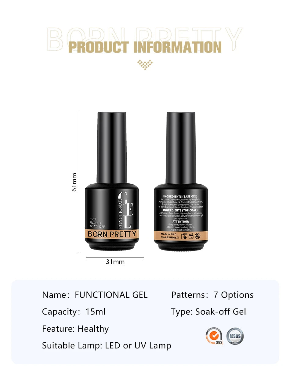 Two bottles of Born Pretty Functional Gel with product information on a white background