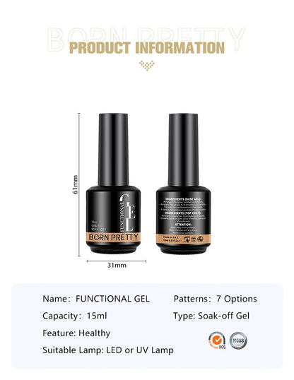 Two bottles of Born Pretty Functional Gel with product information on a white background