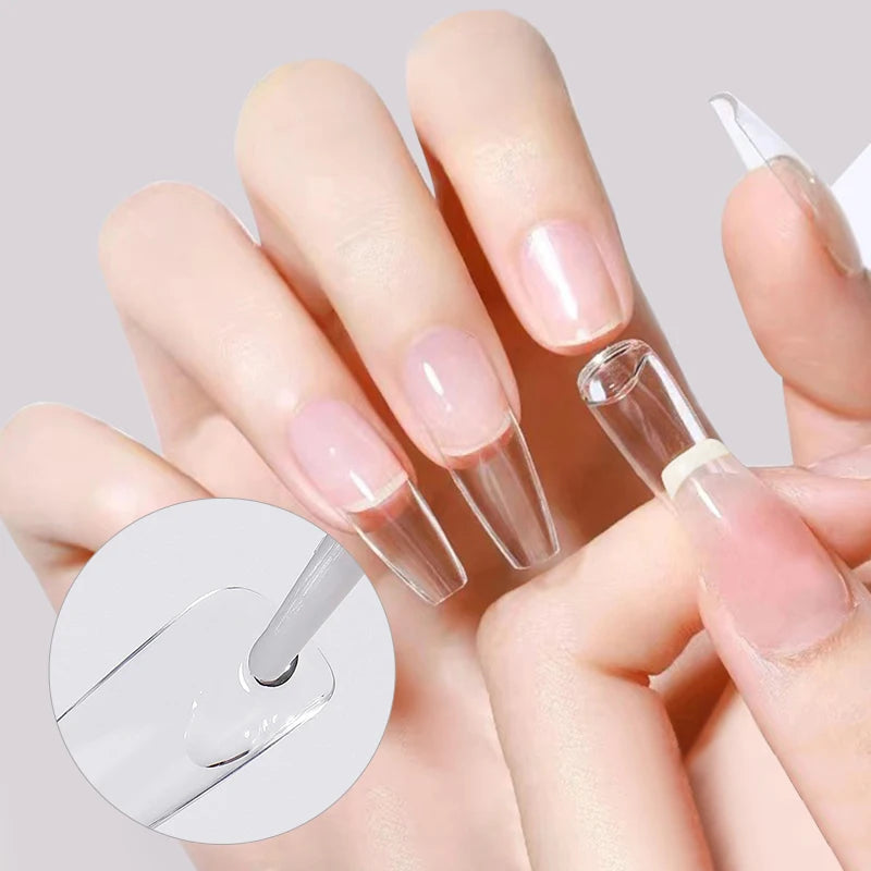 Close-up of a hand with clear nail polish and a small inset showing the nail polish tool.