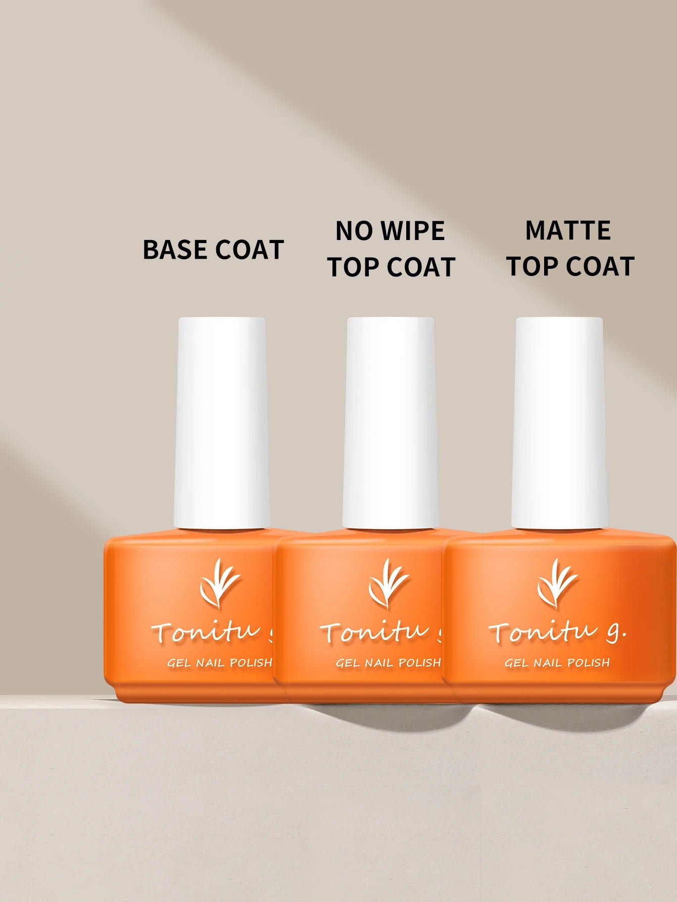 Three bottles of Tonitu gel nail polish with labels for base coat, no wipe top coat, and matte top coat on a beige background.
