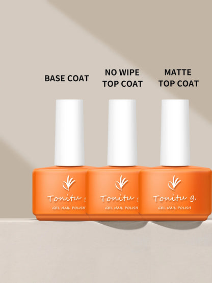 Three bottles of Tonitu gel nail polish with labels for base coat, no wipe top coat, and matte top coat on a beige background.