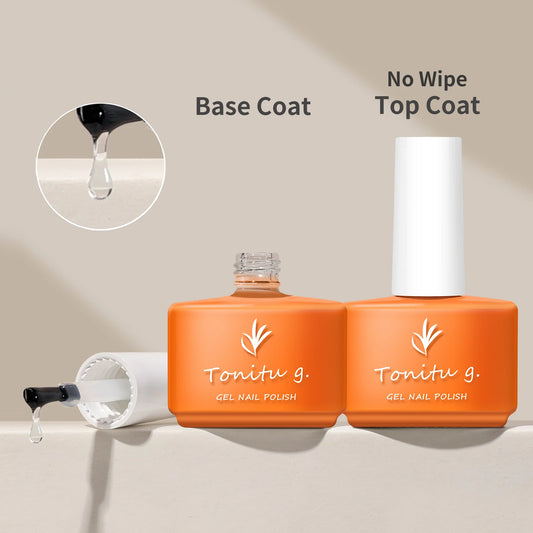 Two orange nail polish bottles labeled 'Base Coat' and 'No Wipe Top Coat' with a close-up of a drop on a beige background.