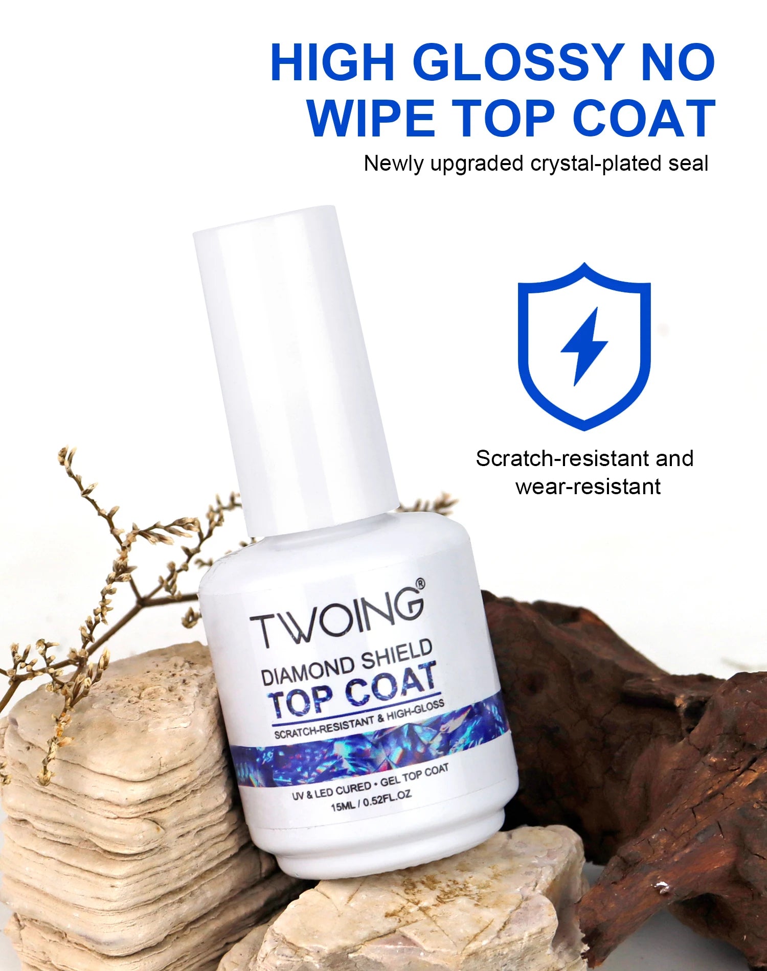 Twoing Diamond Shield top coat bottle with text on a white background