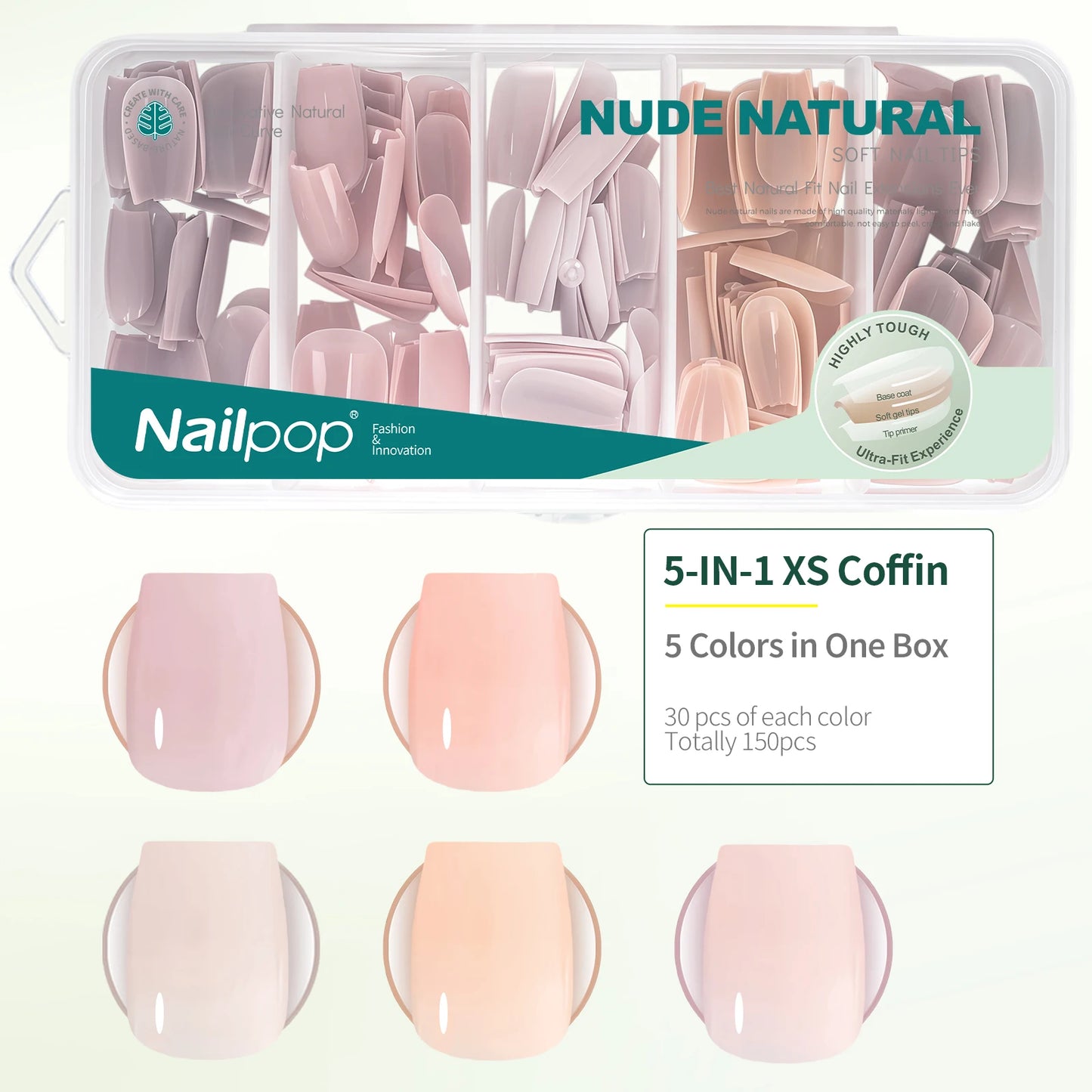 Nail pop 5-in-1 XS coffin nail kit with nude natural colors in a clear container.