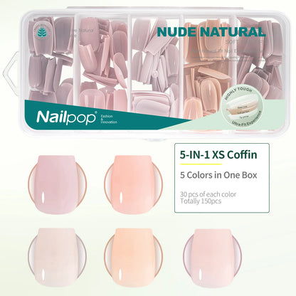 Nail pop 5-in-1 XS coffin nail kit with nude natural colors in a clear container.