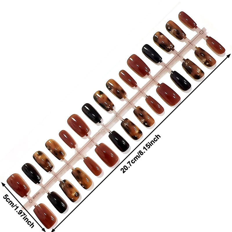 Set of brown and black nail polish samples on a white background with measurements.