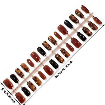 Set of brown and black nail polish samples on a white background with measurements.