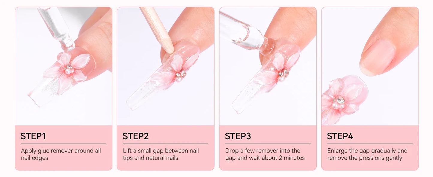 Step-by-step guide on applying nail remover with close-up shots of hands and nails.