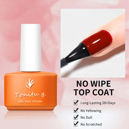 Orange nail polish bottle with a close-up of a hand with red nail polish, on a pink background.