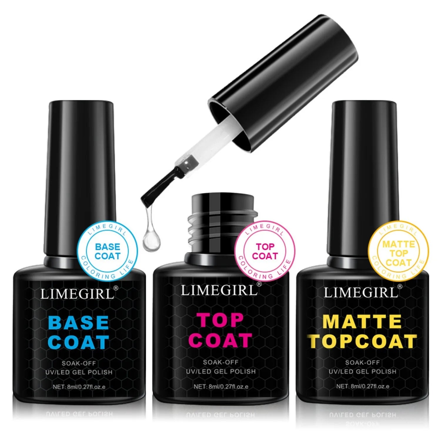 Three LimeGirl nail polish bottles with labels indicating base coat, top coat, and matte top coat on a white background.