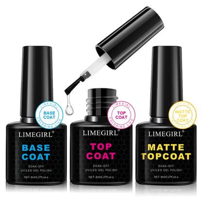 Three LimeGirl nail polish bottles with labels indicating base coat, top coat, and matte top coat on a white background.