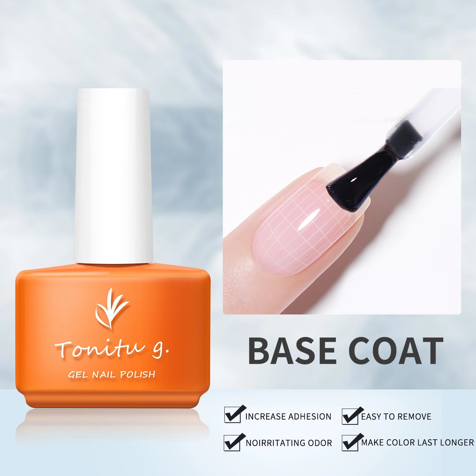 Orange bottle of Tonitu g. gel nail polish with a base coat application on a light blue background