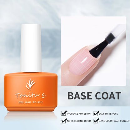Orange bottle of Tonitu g. gel nail polish with a base coat application on a light blue background