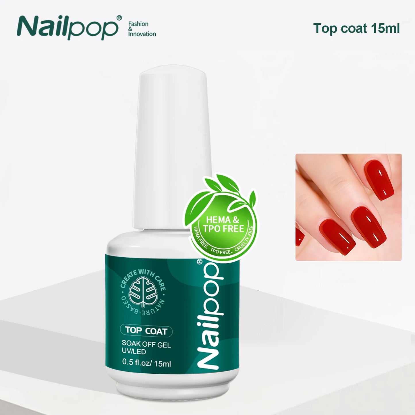 Nailpop top coat gel bottle with a green leaf logo and red nails in the corner on a white background