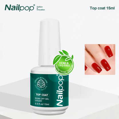 Nailpop top coat gel bottle with a green leaf logo and red nails in the corner on a white background