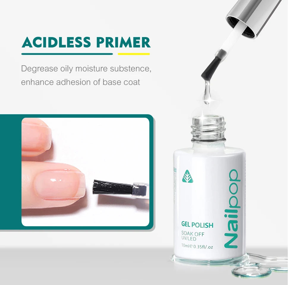 Nail pop gel polish bottle with dropper and text about acidless primer