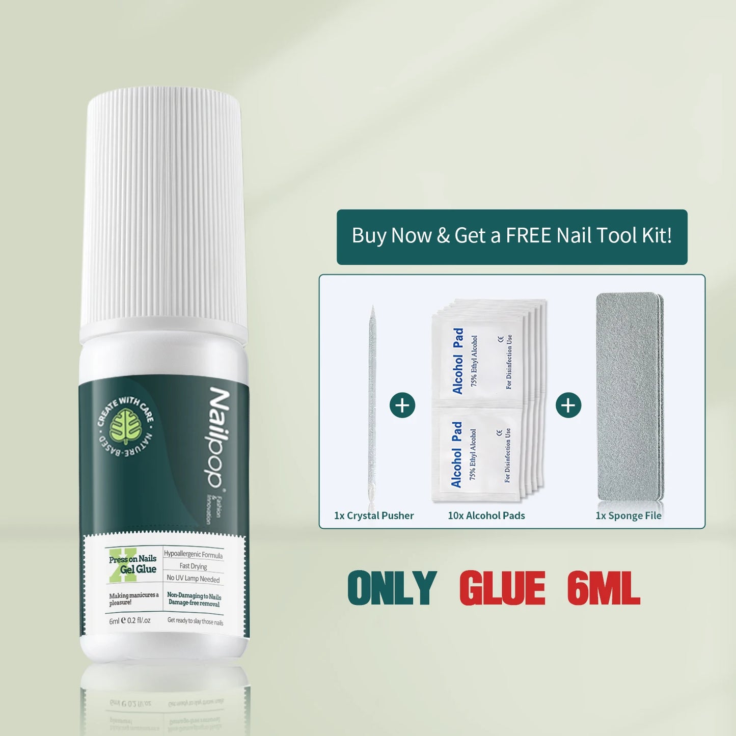 Nail glue bottle with a free nail tool kit offer on a light green background