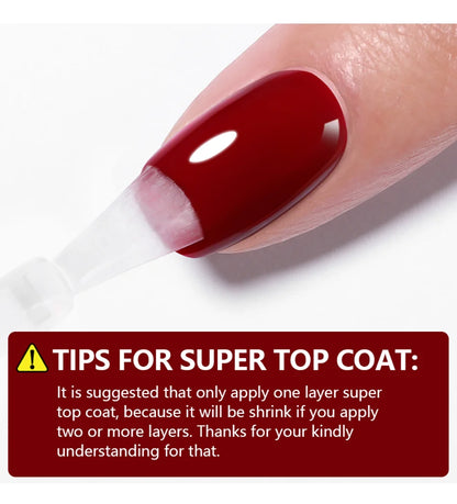 Nail with red polish and a clear top coat, with text about applying a super top coat.