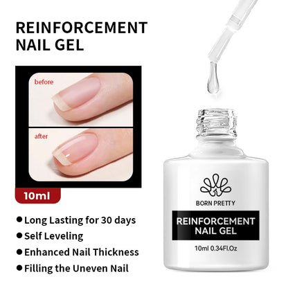 Born Pretty Reinforcement Nail Gel bottle with dropper and before-after image of nails.