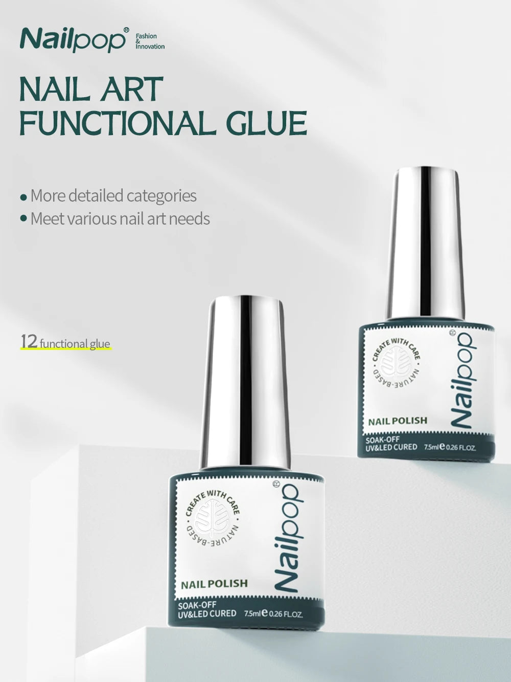 Nail pop nail art functional glue with two bottles on a light gray background