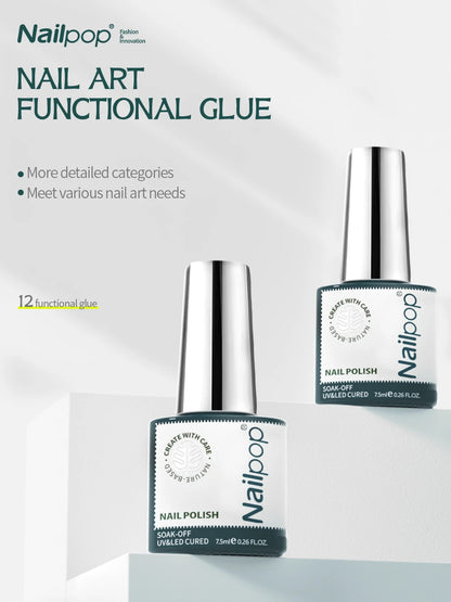 Nail pop nail art functional glue with two bottles on a light gray background