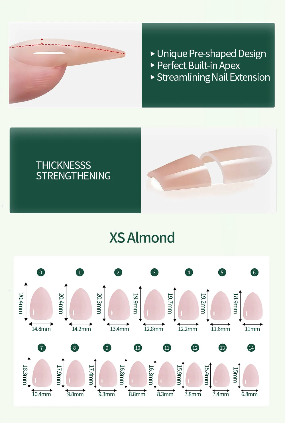 Nail extension product with pre-shaped design, thickness measurement chart, and XS Almond color swatches.