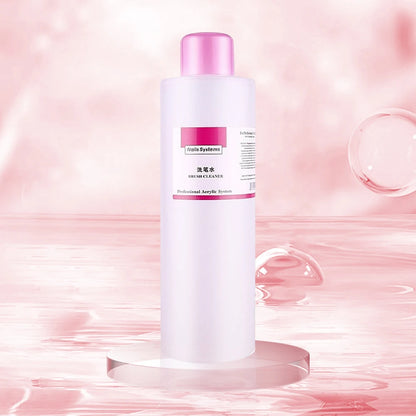 Cosmetic bottle with pink cap on a pink water droplet background
