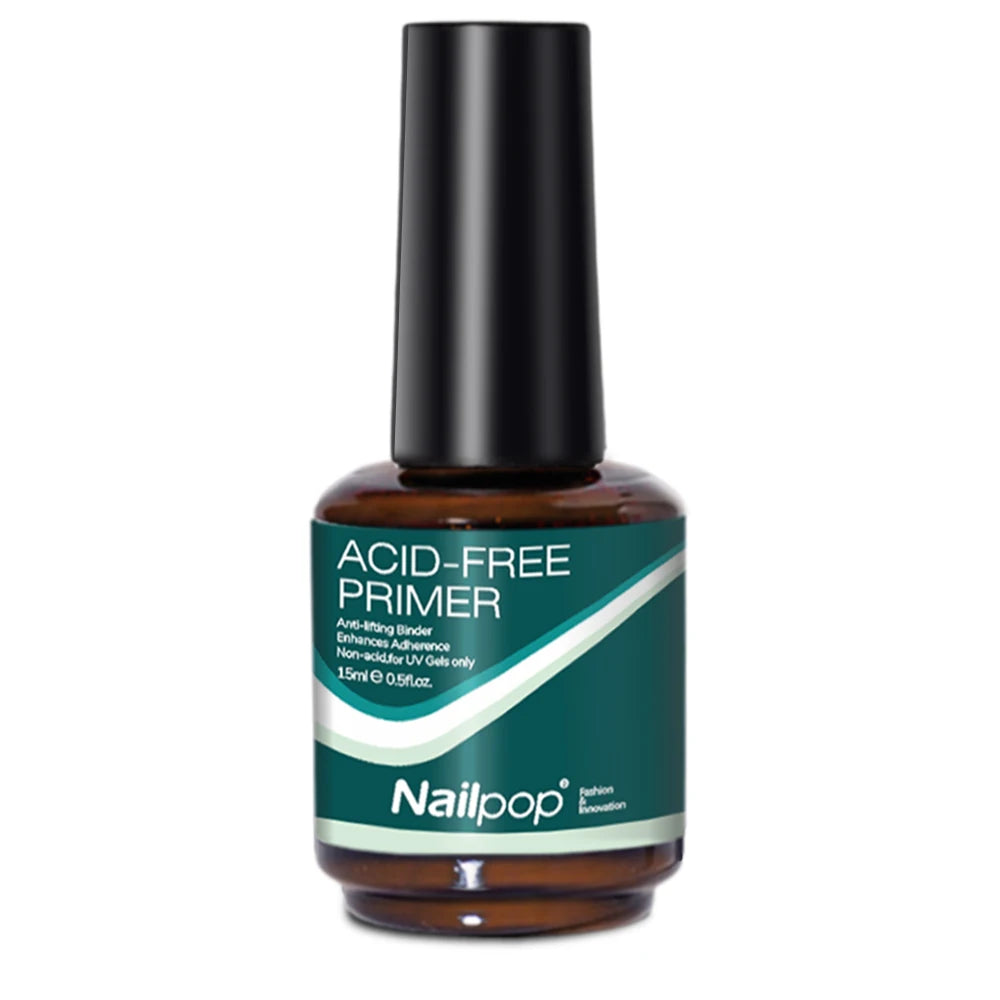 Nail pop acid-free primer bottle on a white background
