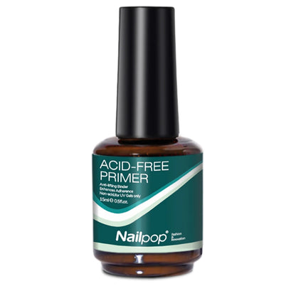 Nail pop acid-free primer bottle on a white background