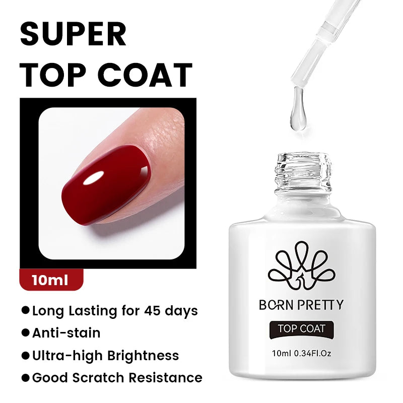 Bottle of 'Born Pretty' nail top coat with a dropper and a close-up of a red nail.