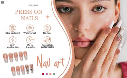 Advertisement for press-on nails with a woman applying them, featuring text about nail art benefits.