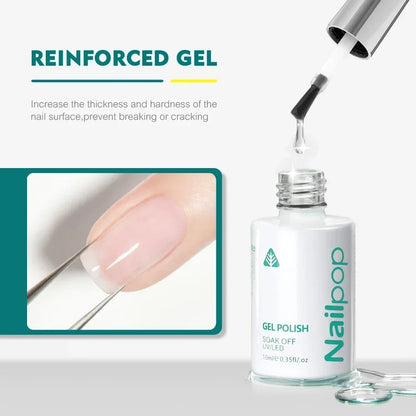 Nail polish bottle with dropper and text about reinforced gel for nails