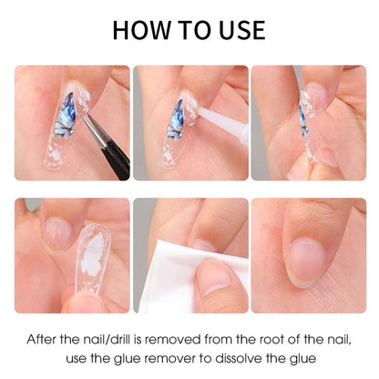 Step-by-step guide on how to use a nail glue remover with close-up images of hands applying the product.