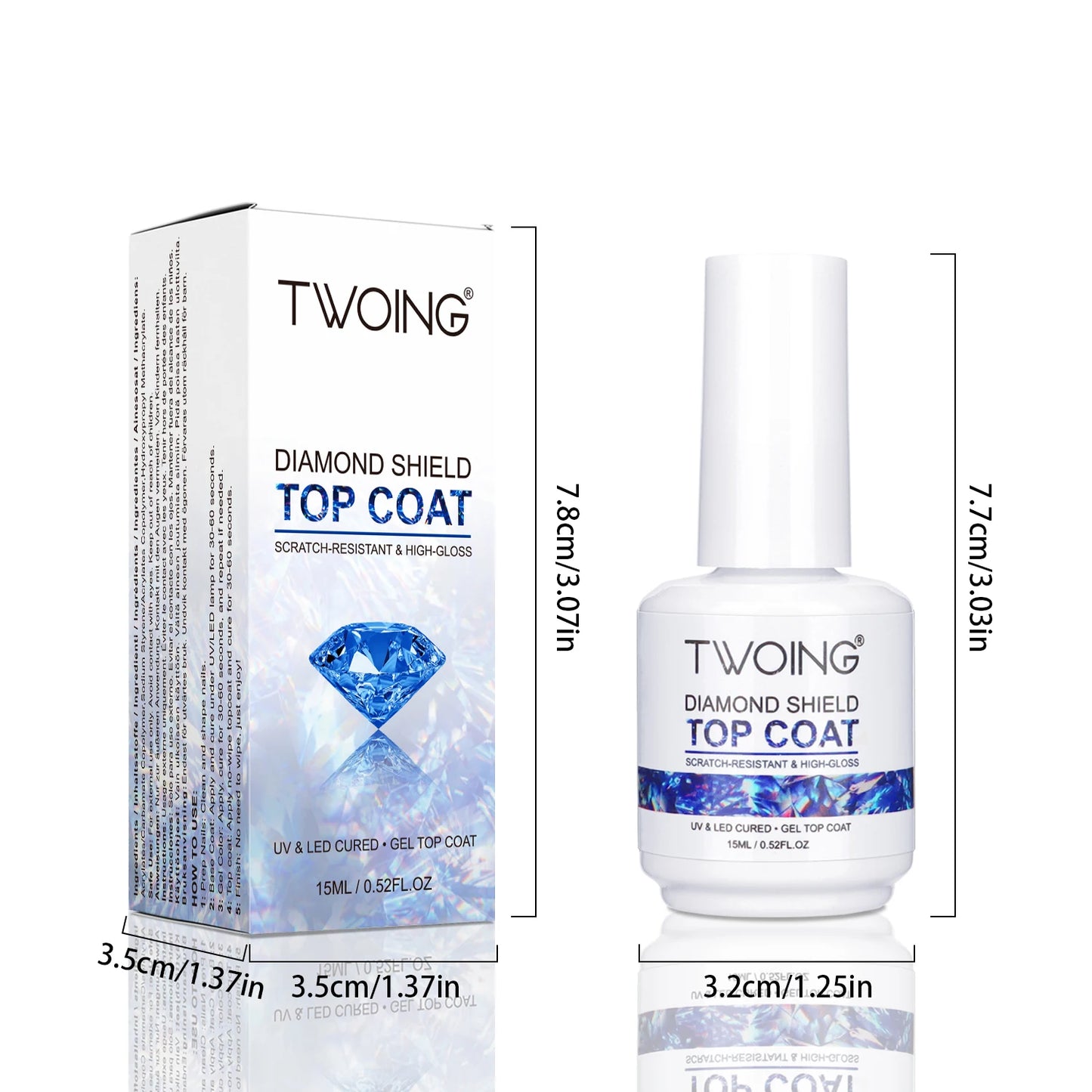 Twoing Diamond Shield top coat with packaging and dimensions on a white background