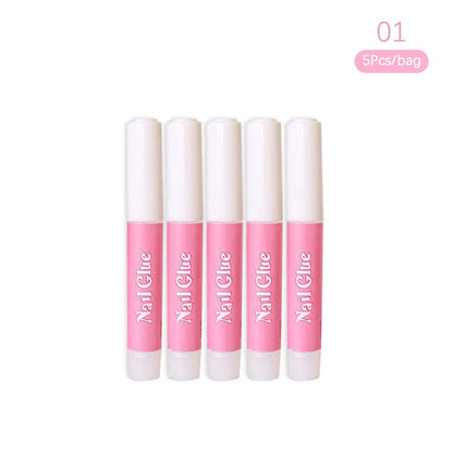 Five bottles of nail glue with pink caps on a white background