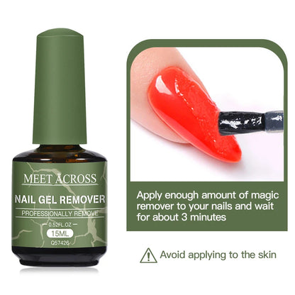 Nail gel remover bottle with application instructions on a white background