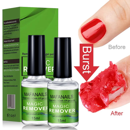 Mafanails Magic Remover bottles with packaging and a before-and-after image of a burst nail.