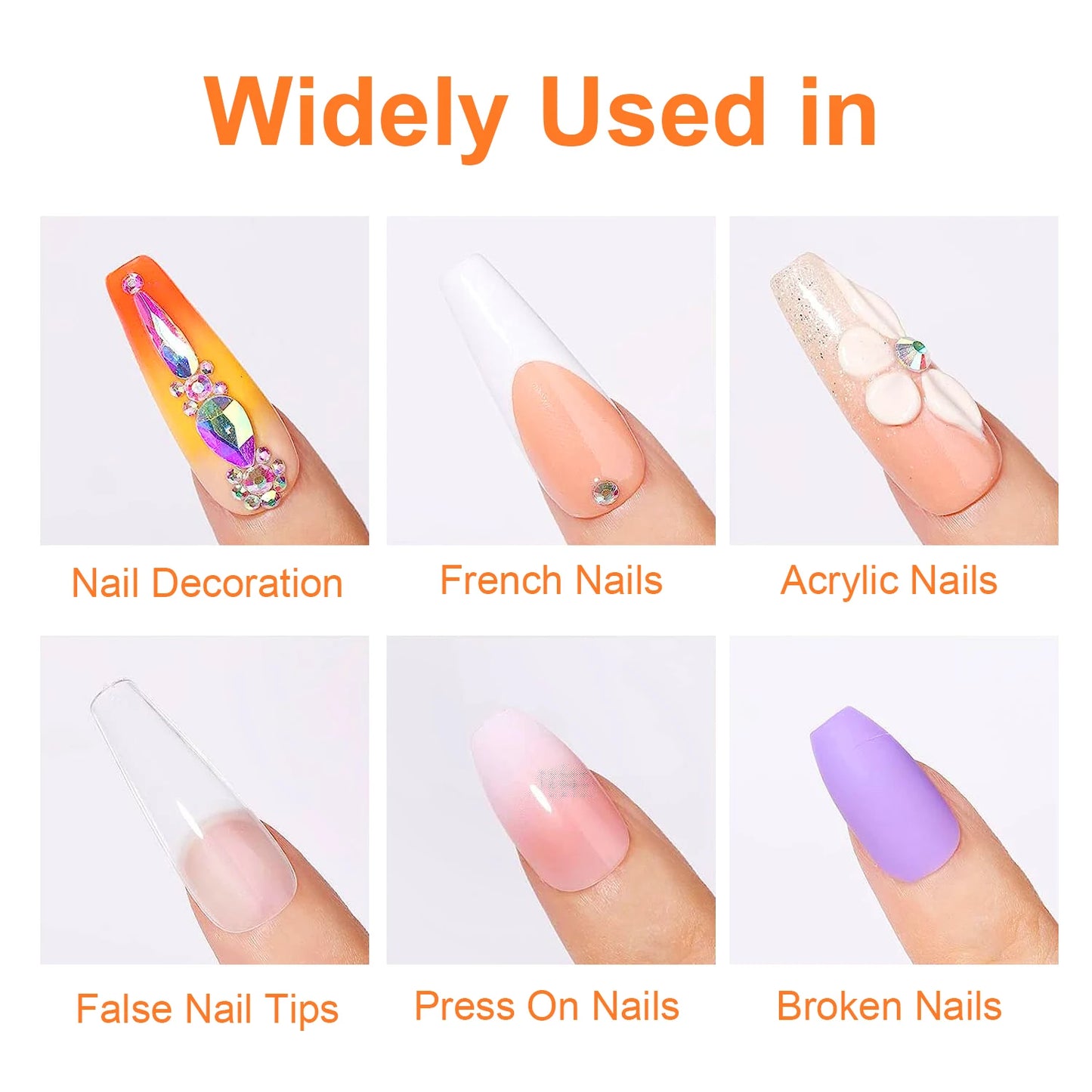 Nail art display with various nail types and text indicating their uses.
