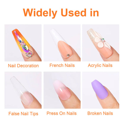 Nail art display with various nail types and text indicating their uses.