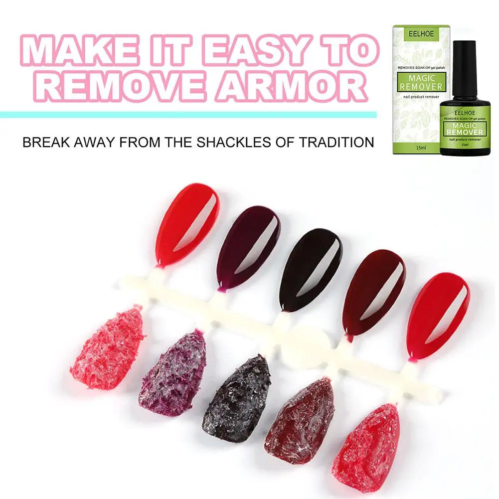 Nail polish samples with a bottle labeled 'Magic Remover' on a white background.