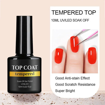 Black top coat bottle with red nails and text on a beige background